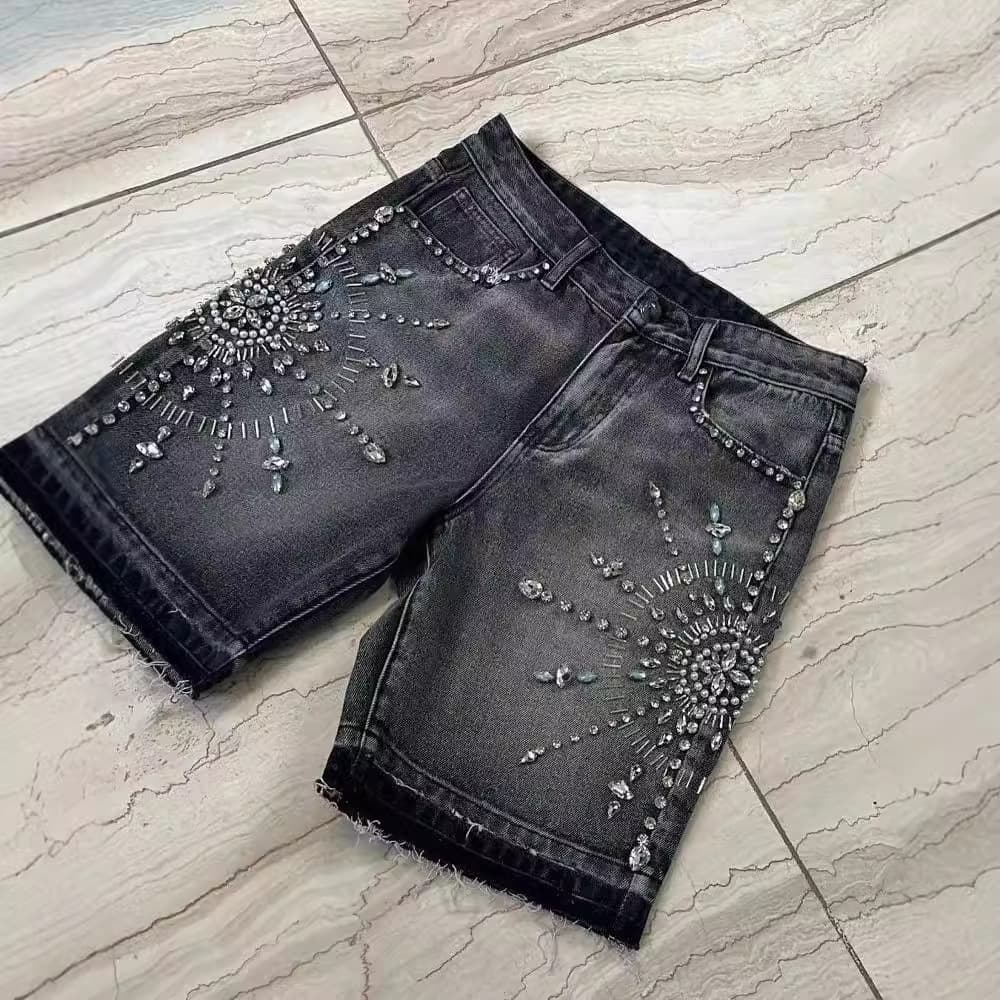 Men's Clothing personality trend street rhinestone decorated denim shorts men's high street niche all match
