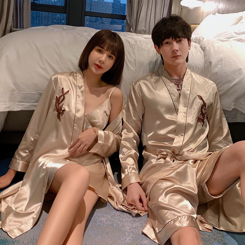 Couple's nightgown Silk ice silk embroidered bathrobe plus size loose pajamas set
