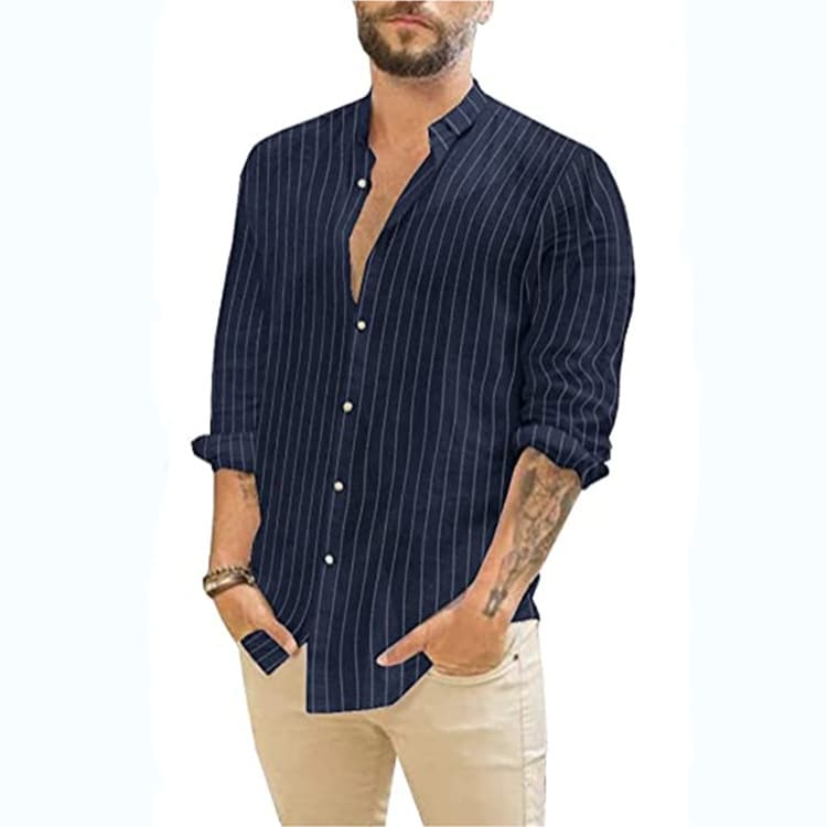 2024 Amazon Wish AliExpress European And American Men's Striped Cardigan Digital Printing Casual Long-sleeved Shirt