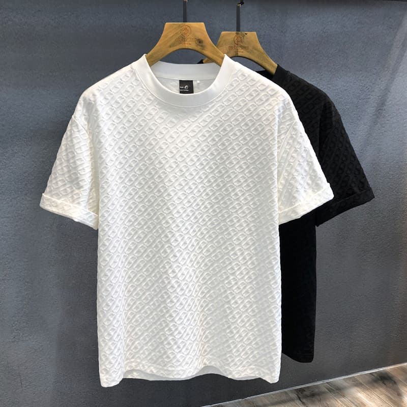 Men's Clothing Texture Handsome Short Sleeved T Shirt Trend Jacquard Solid Color Half Sleeve Versatile T Shirt