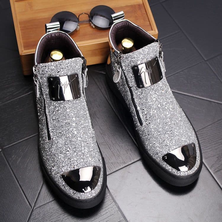 European Warm Series Fashion Short High-top Sneakers Single British Style Height-increasing Martin Boots Hairstylist Leather Sequin Men's