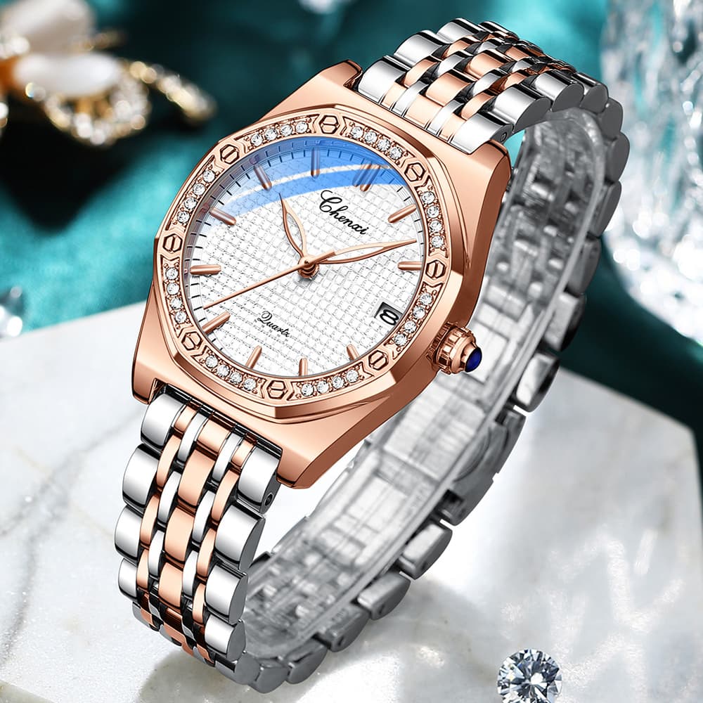 Quartz Movement Woman Watch Simple Elegant Luxury Rose Gold Steel And Leather Strap Waterproof Ladies Dress Wristwatch
