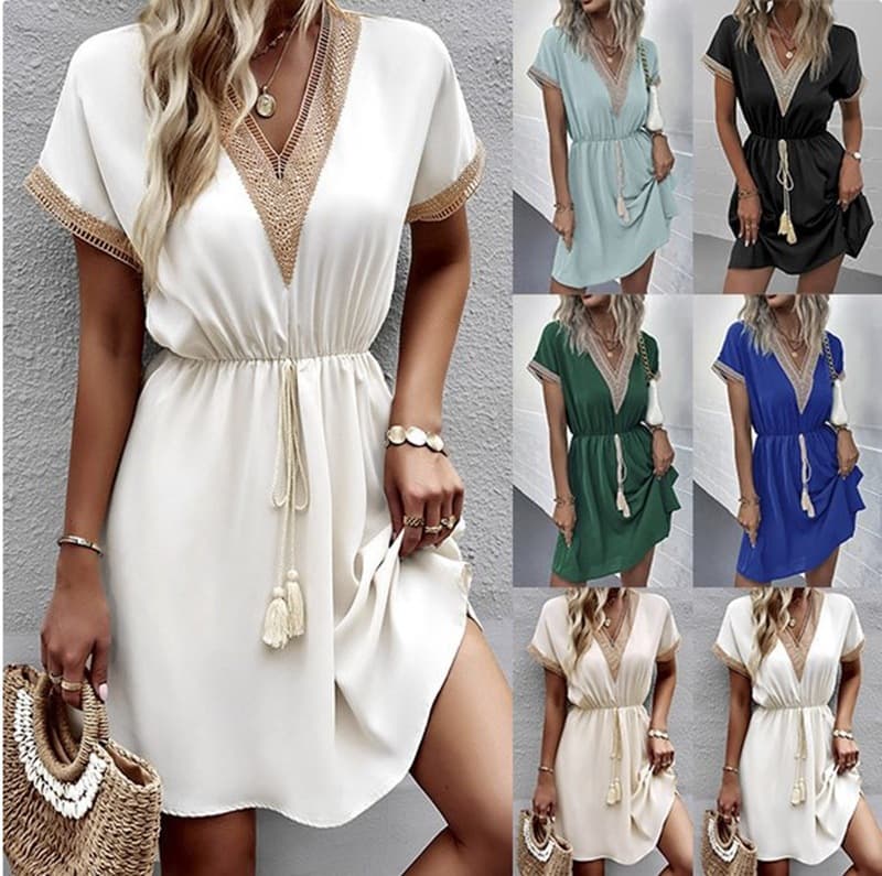 Women's Clothing Solid Color Short Sleeved Lace V Neck Waist Dress
