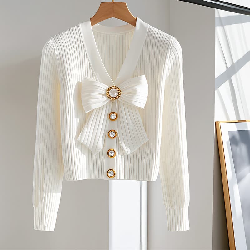 Women's Clothing autumn celebrity women's clothing style white long sleeved knitted sweater fashionable high end chic bow thin sweater