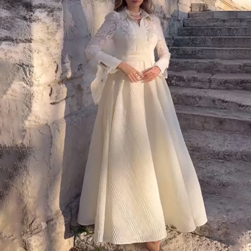 Women's Clothing new white chest beaded lace gauze retro long sleeved fashion slim dress