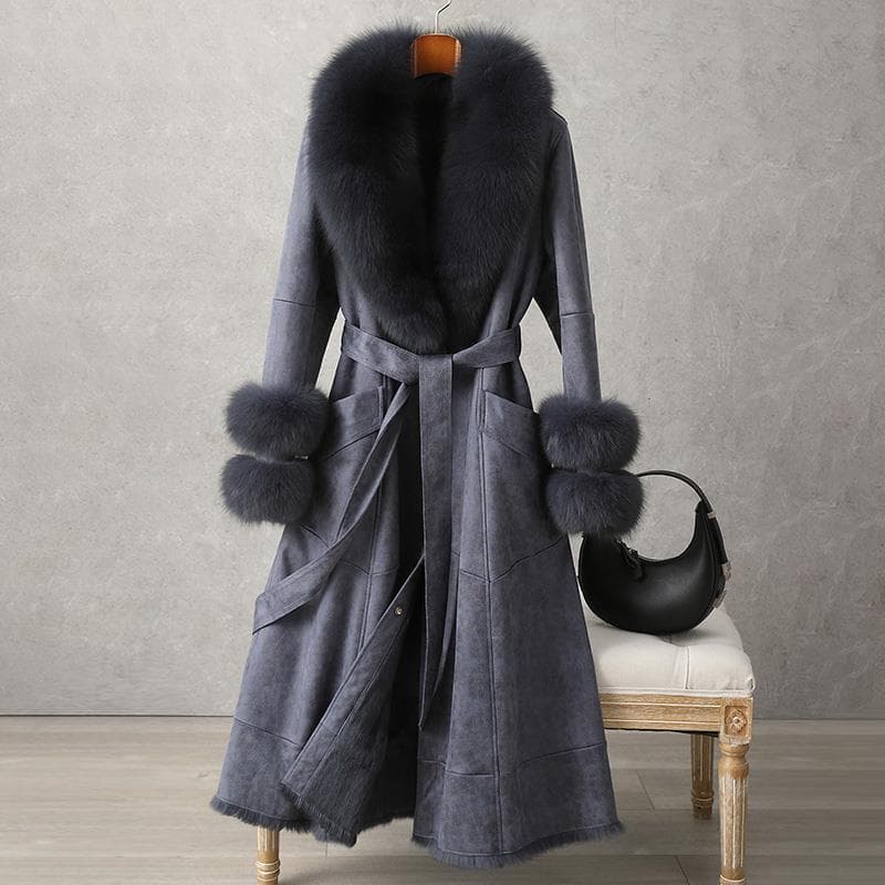 Women's Clothing Rabbit Fur Coat 2024 New Mid Length Fur Women's Over The Knee Fox Fur Collar Coat Slim Fit