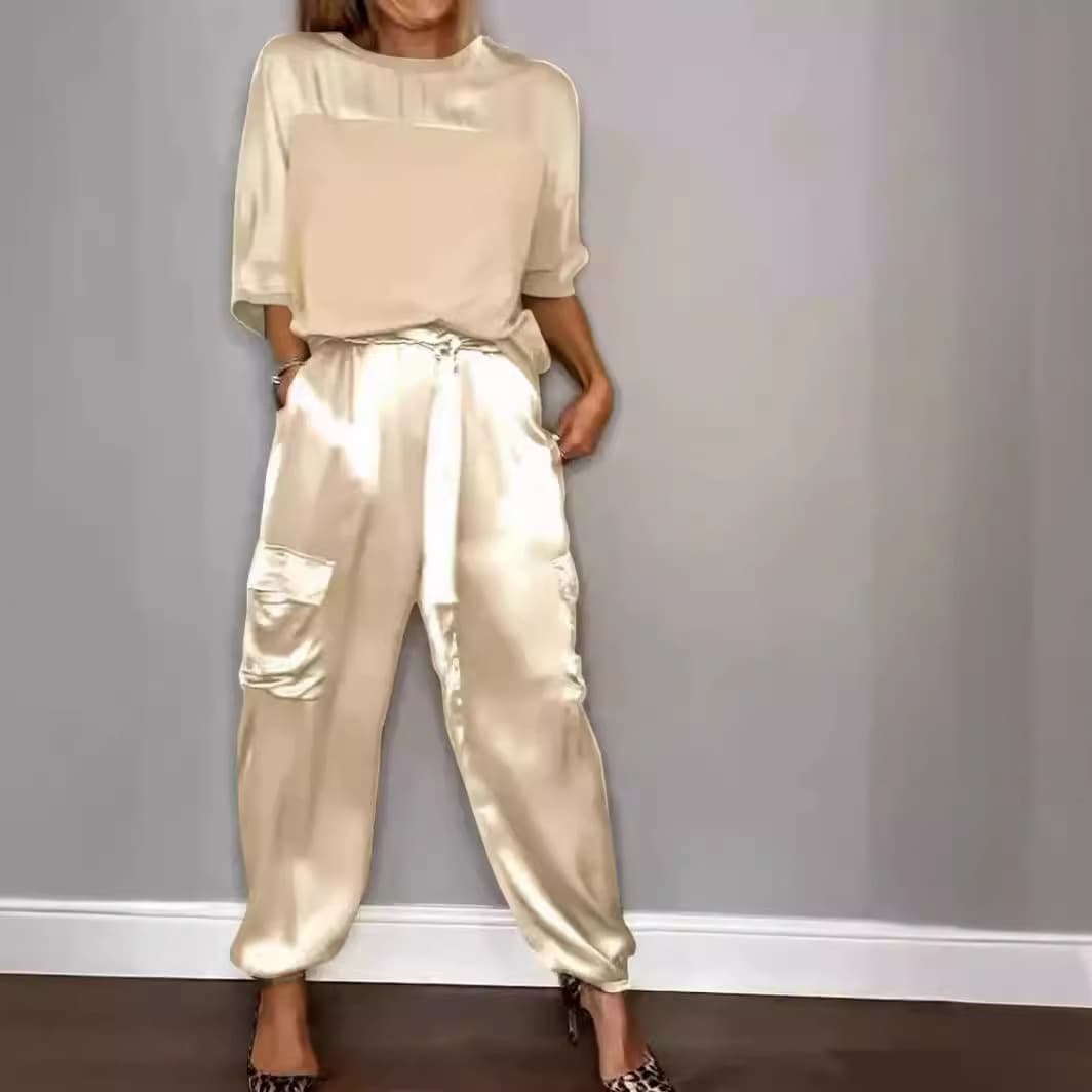 Women's Clothing smooth satin half sleeved top and pants suit two piece set