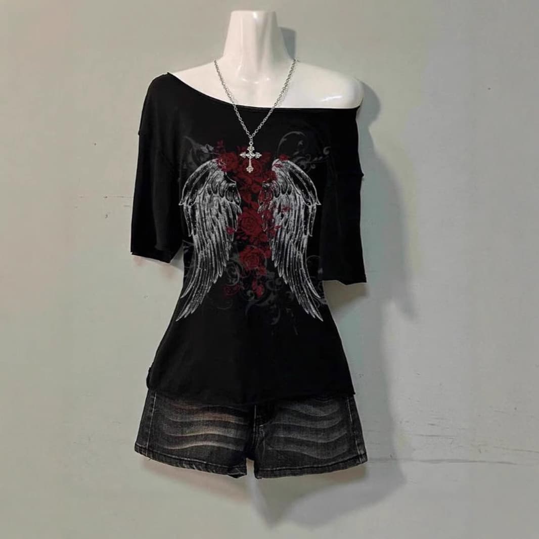 Women's Clothing Dark English Wings Print Short Sleeved Niche Design Street All Match Tops T Shirt