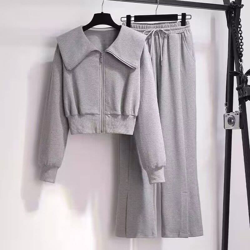 Women's Clothing Fashion Casual Sweater Casual Tracksuit Set Short Crop Top Wide Leg Pants Two Piece Outfit Fall Winter Fashion Sweatshirt Jogger Set​