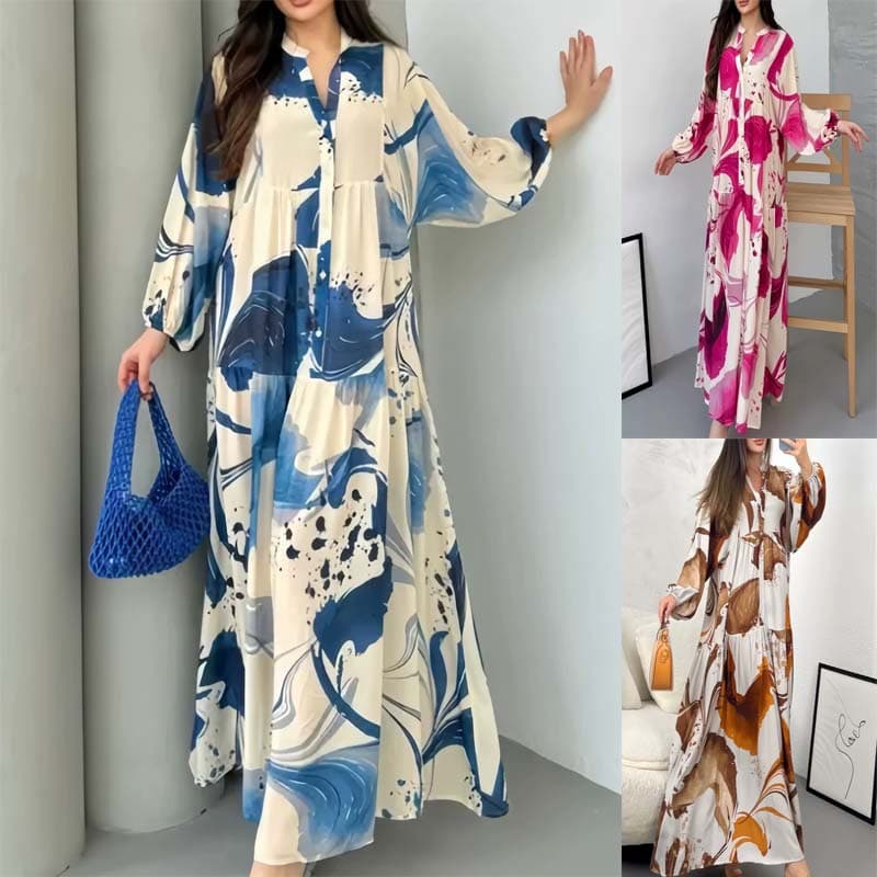 Elegant V-Neck Floral Print Maxi Dress - Soft Polyester Blend, Loose Fit Long Sleeve Dress For Women, Plus Size Available (S-5XL)
