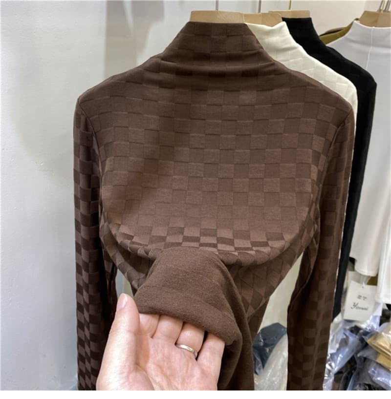 Women's Clothing half turtleneck bottoming shirt plaid long sleeved T shirt fashionable and stylish inner top