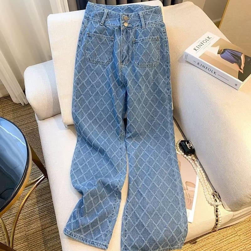 Women's Clothing Large Size High Waist Jeans Women's Trendy Brand New Japanese Plaid Trousers Youth Popular Summer Thin Pants