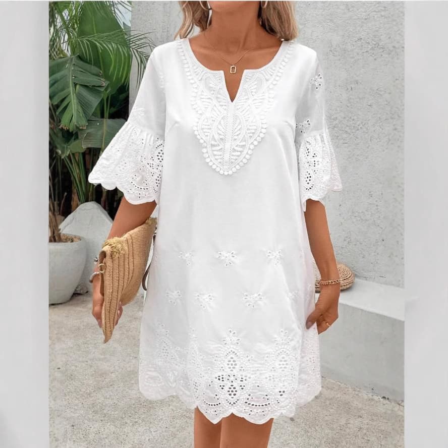 Women's Clothing Hollow Embroidery Fashion Casual Lace V Neck Five Point Sleeve Dress