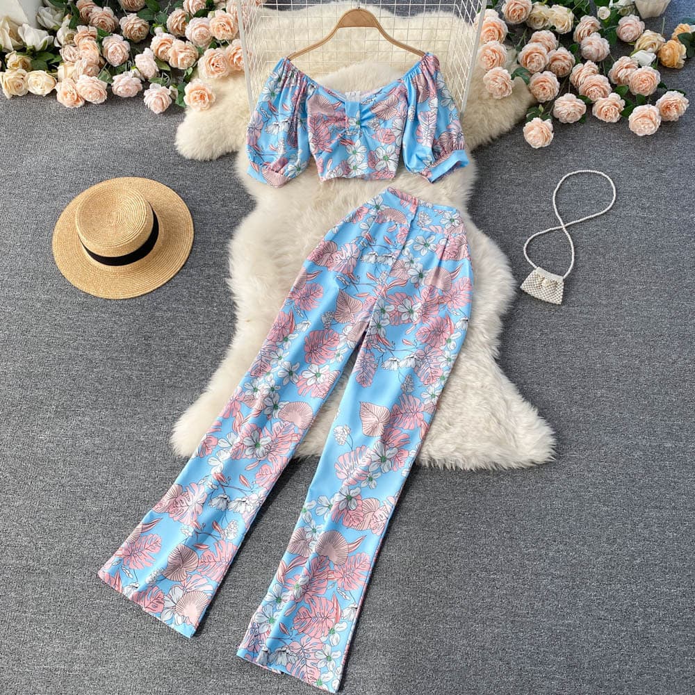 Women's off-shoulder puff sleeve short top, design print, high waist wide leg pants, two-piece suit