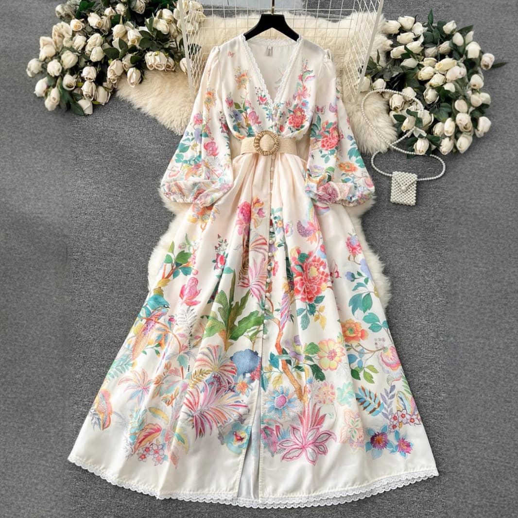 Women's Clothing Sweet Lace V-neck Breasted Slim-fit Long Design Dress