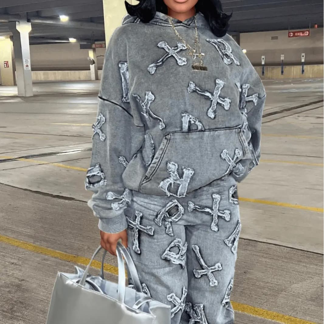 Women's Clothing New Printed Pocket Long Sleeved Sweatshirt 2 Piece Set Trousers Suit Women