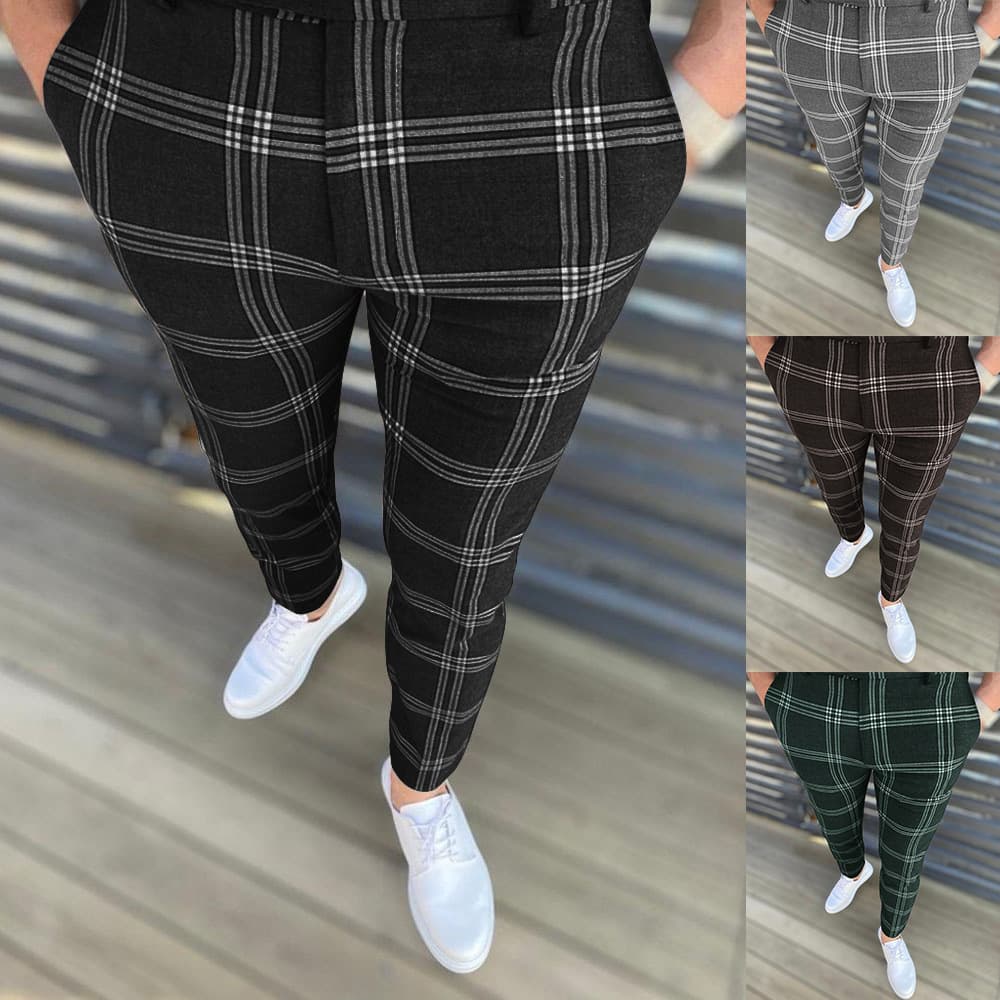 Classic Plaid Print Mens Pencil Pants Spring Autumn Fashion Slim Fit Trousers Vintage Skinny Tight Men Straight Business Trousers