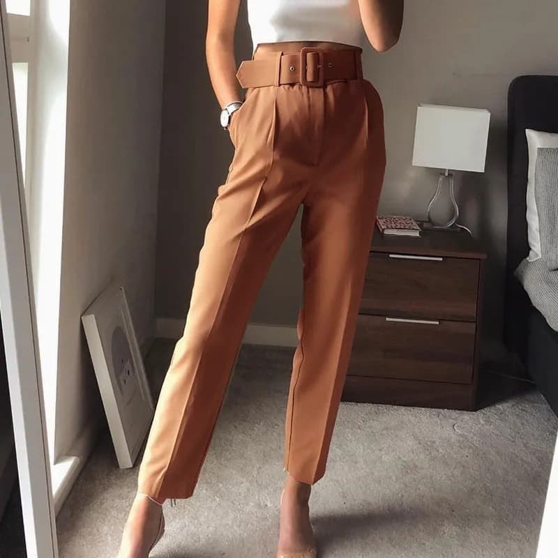 Women's Clothing Elegant Temperament Small Feet Slim Professional White Casual Pants With Belt