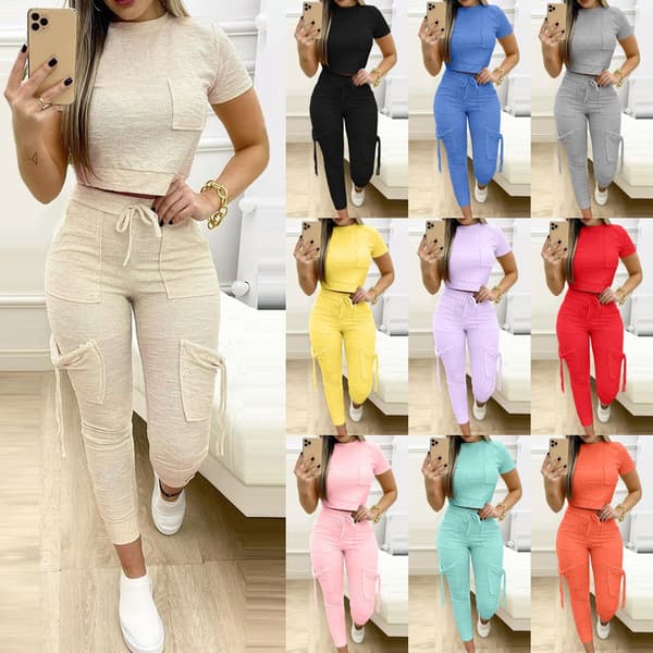 Women's Clothing Sports Pants Suit Slim Fit Top Drawstring Pocket Pants Suit