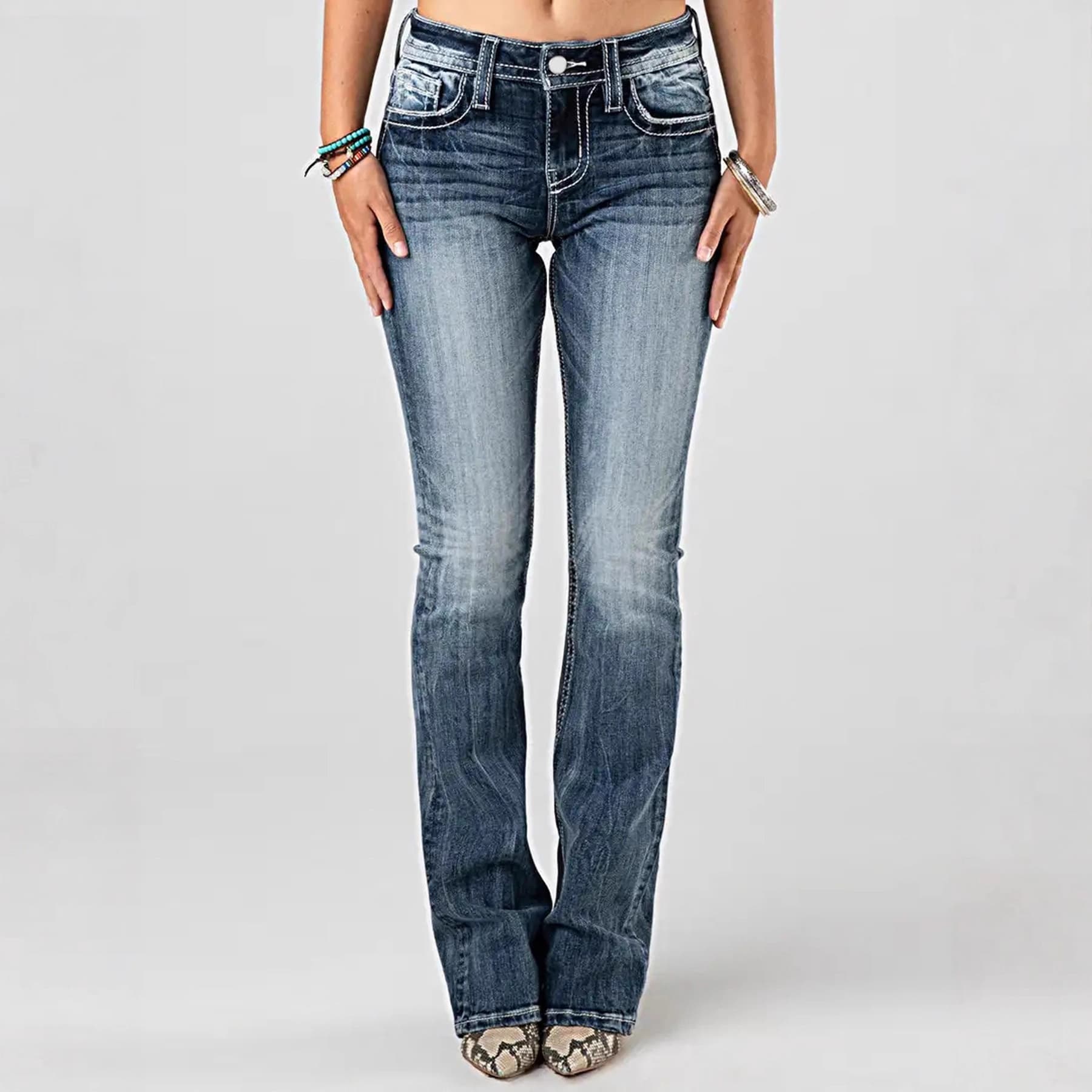 Embroidered High-Waisted Stretch Jeans – Distressed Denim Pants With Intricate Stitching (Navy & Black, S-XXL)