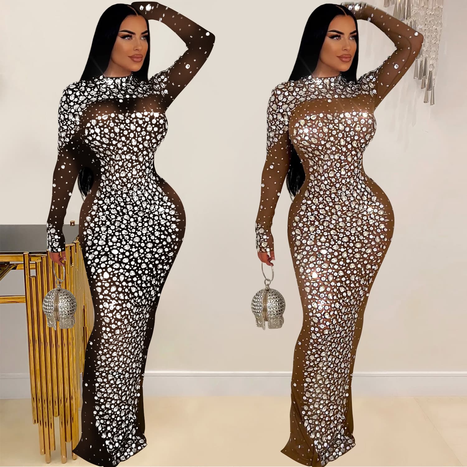 Women's Clothing Fashion women's solid color gauze press drill long sleeve dress