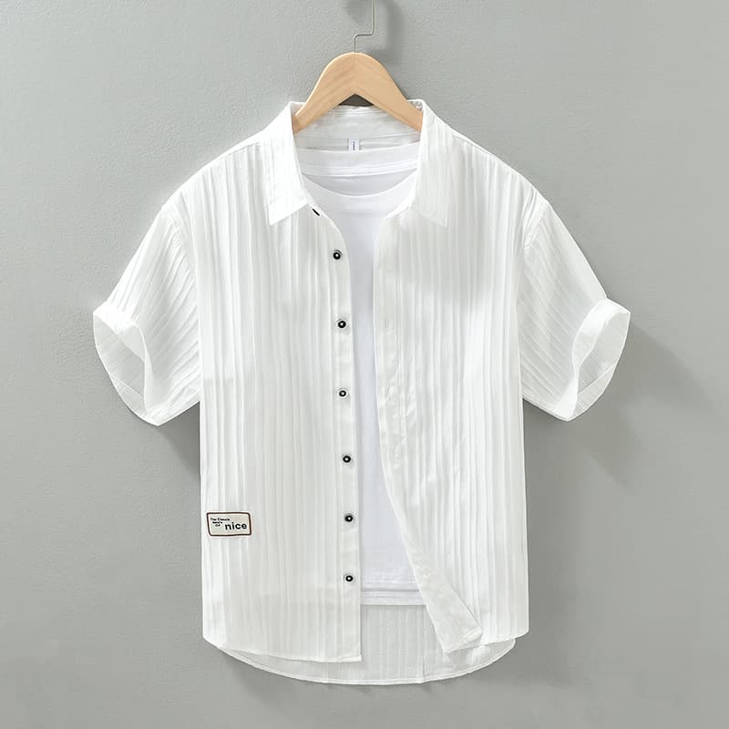 Men's Clothing Short Sleeved Thin Ice Silk Free Ironing Wrinkle Texture Casual Loose Cardigan White Shirt