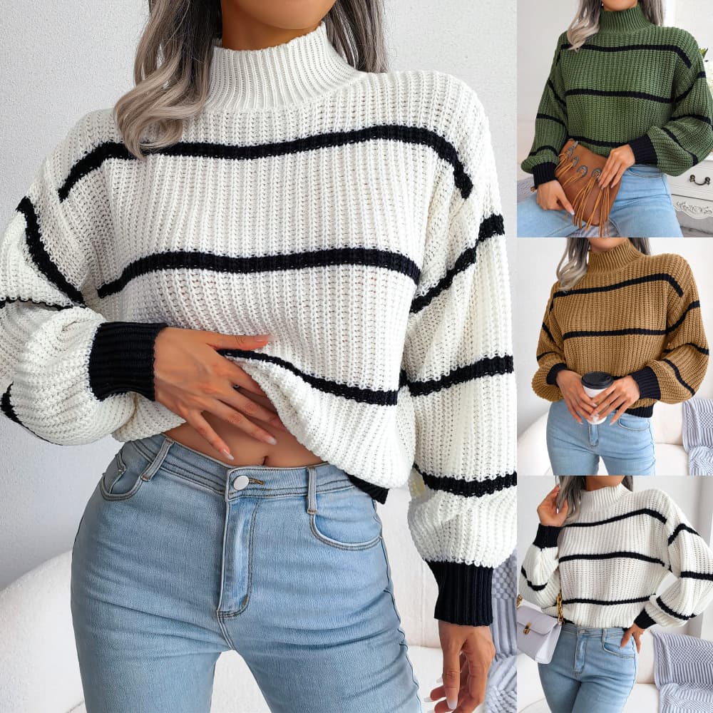 Women's clothing Real shot autumn and winter casual striped lantern sleeve half turtleneck knitted sweater women's clothing