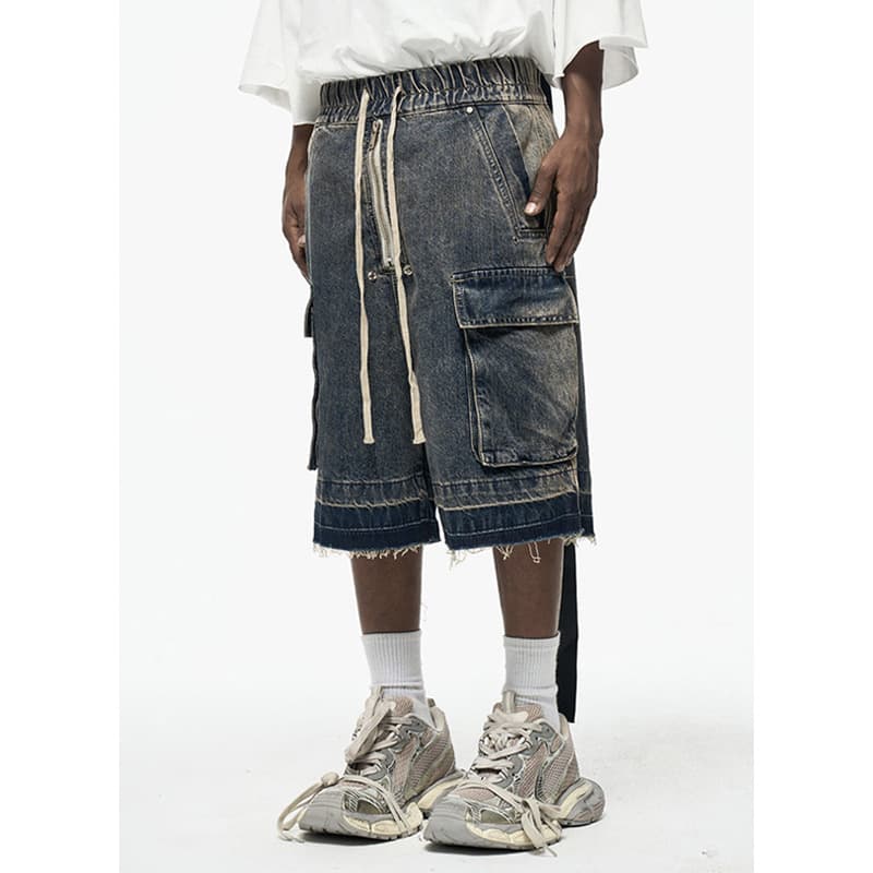 Men's Clothing High Street Zipper Raw Edge Side Pocket Work Shorts Washed Distressed Ribbon Loose Denim Shorts Men