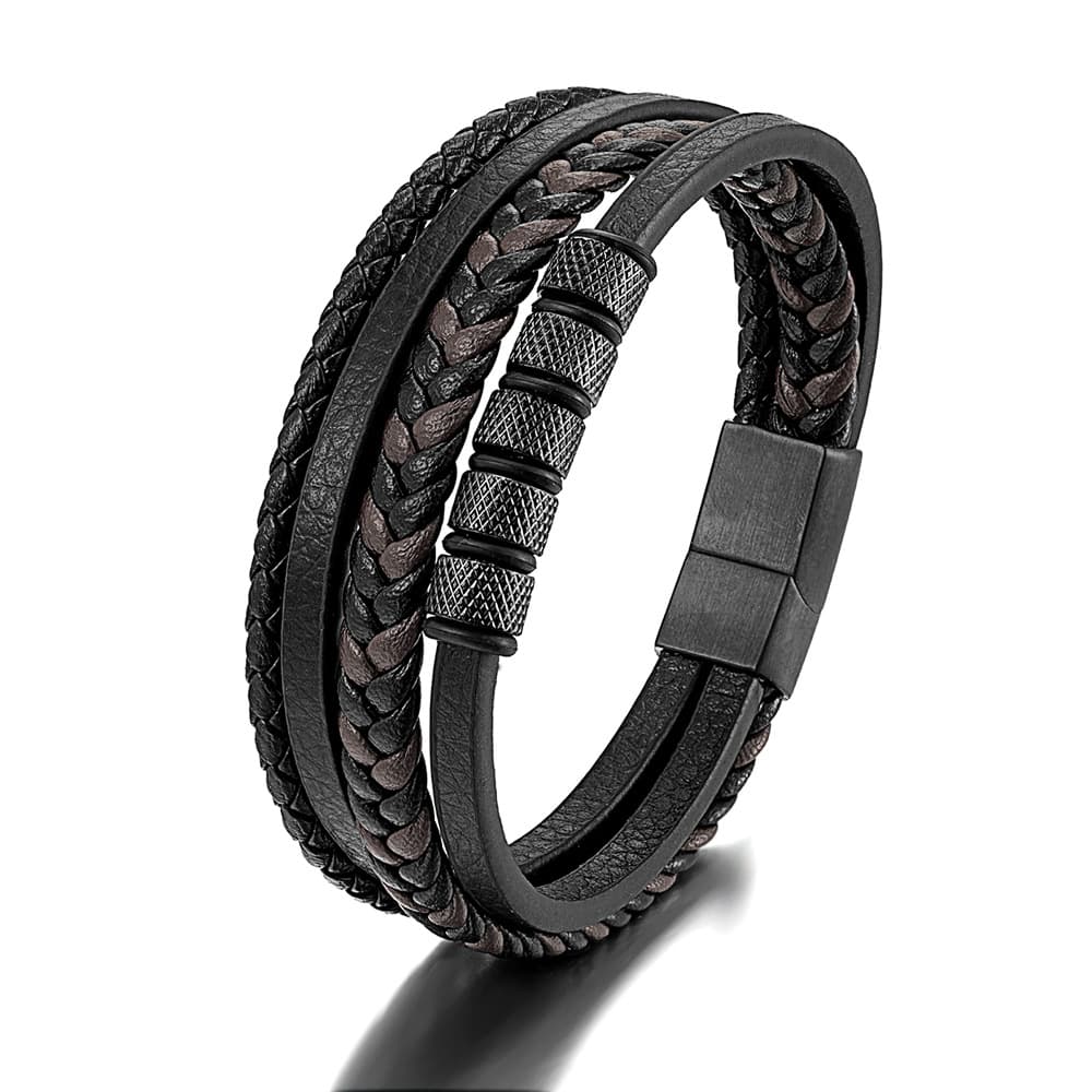 simple stainless steel leather rope bracelet popular multi layer black leather braided men's bracelet