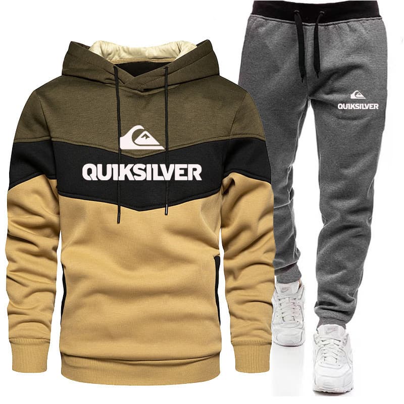 Men's autumn and winter sweater suit pullover hooded color contrast sportswear men's outdoor casual suit printed two-piece set