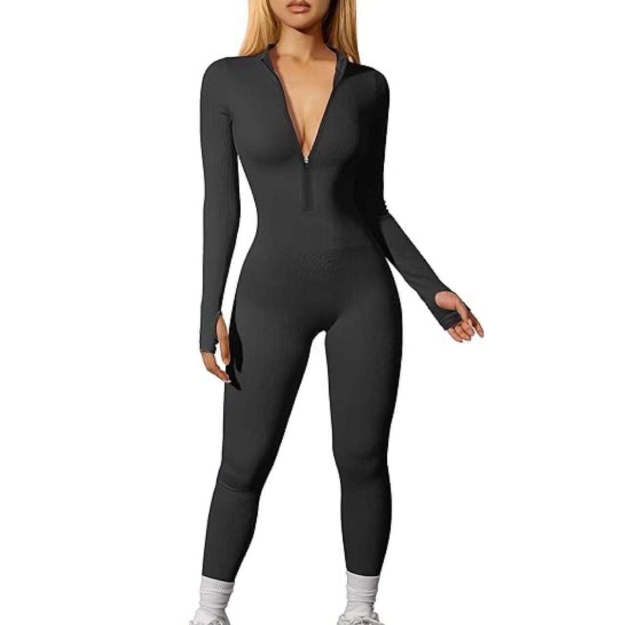 Women's New Sports Moisture-wicking Fitness Ribbed Long-sleeved Zipper Casual Jumpsuit Trousers