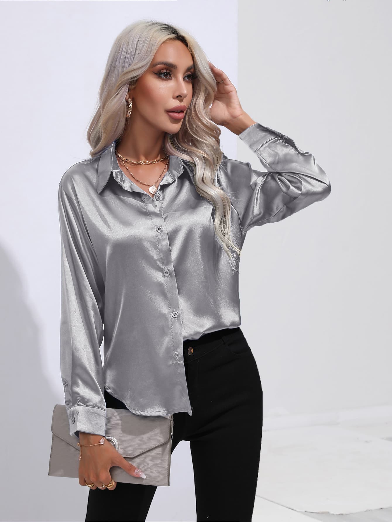 Women's satin imitation silk long sleeve shirt spring summer women's clothing
