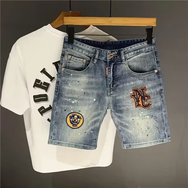 Men's Clothing Men's Distressed Denim Shorts With Embroidery & Splatter Design - Stretchable Casual Streetwear Mid-Length Cargo Shorts (Light Blue)​