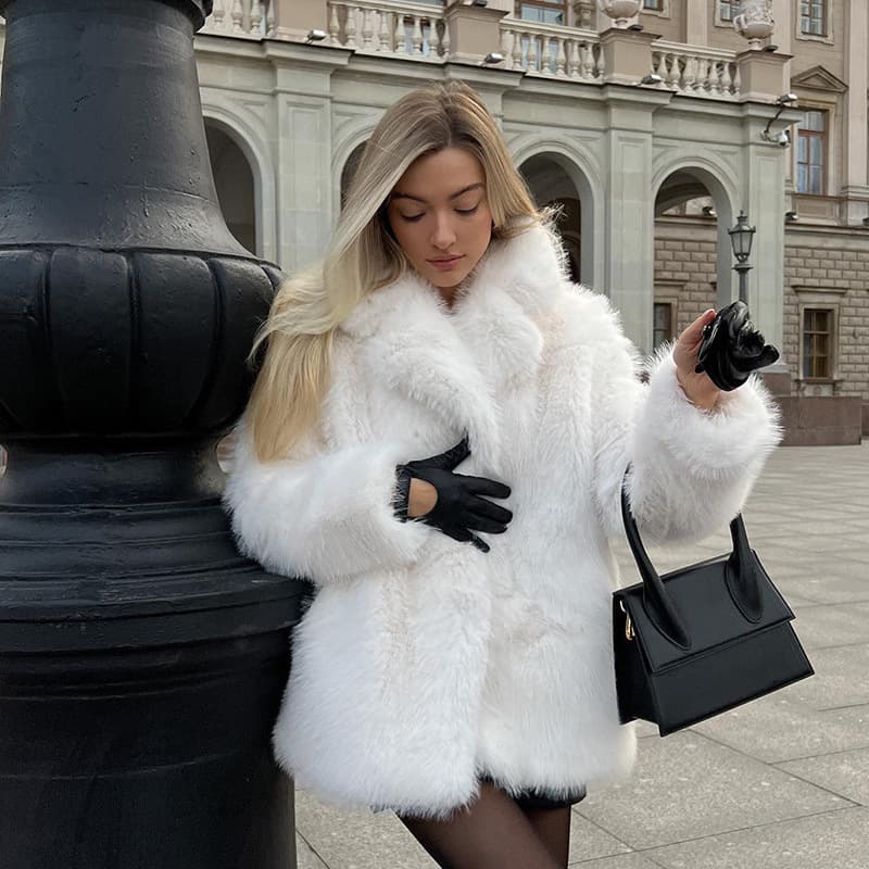 Luxury Faux Fur Coat For Women - Mid-Length Winter Coat With Fox Fur Collar, Warm & Stylish Outerwear