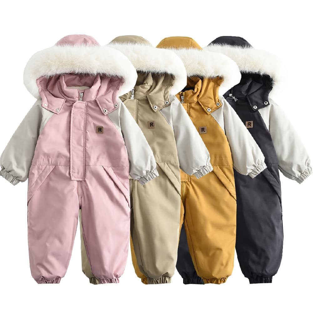 Kid's Clothing Winter new style big fur collar children's color matching thin ski suit jumpsuit baby crawling suit