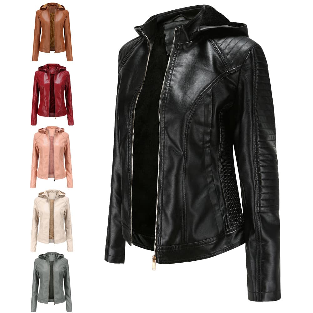 large Size Plus Velvet Women's Leather Clothing Women's Hooded Autumn And Winter Short Coat Warm Casual Women's Jacket