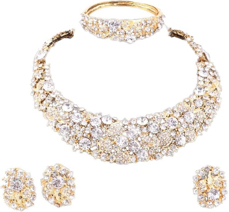 African Beads Gold Plated Shinning Flower Crystal Necklace Earrings Bangle Ring Jewelry Set