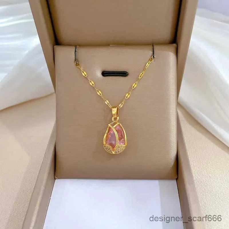 Micro Inlaid Zircon Flower Tulip Pendant Stainless Steel Necklaces For Women Girls Elegant Pink Crystal Fashion Jewelry