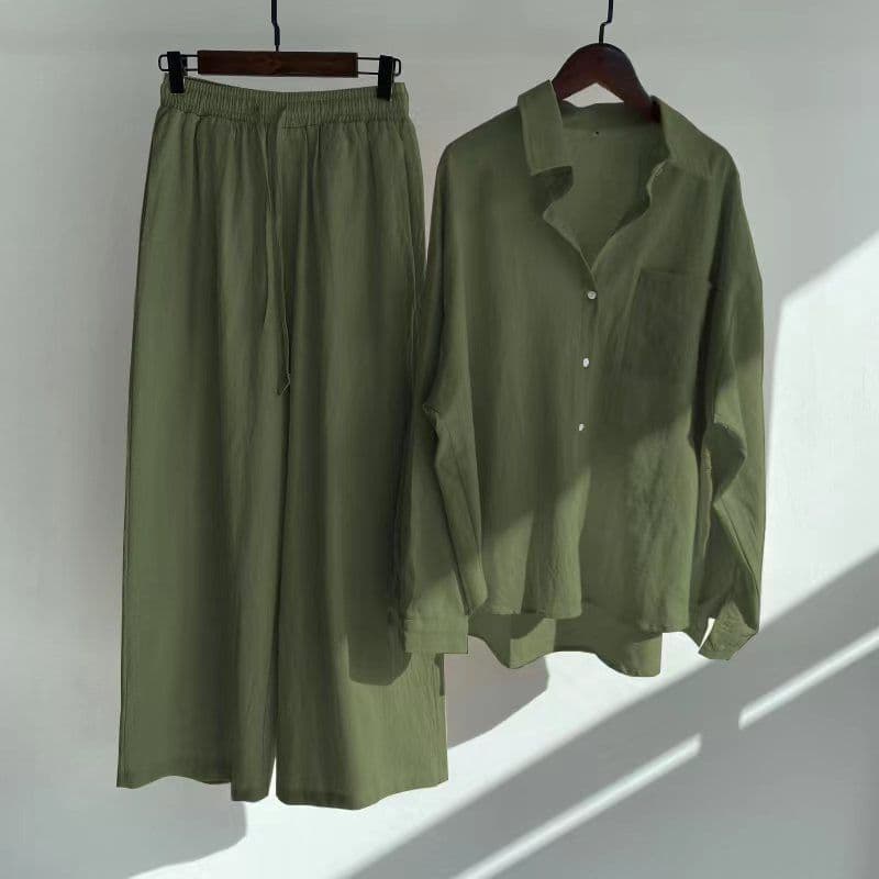 Women's Retro Cotton Linen Shirt Set Plus Size High Waisted Loose Fitting Trousers Two Piece Casual Comfortable Fashion