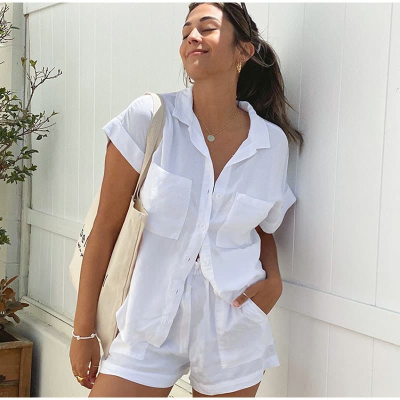 Women's Spring and summer loose cotton and linen tops and shorts two-piece suits new fashion women's shorts suits