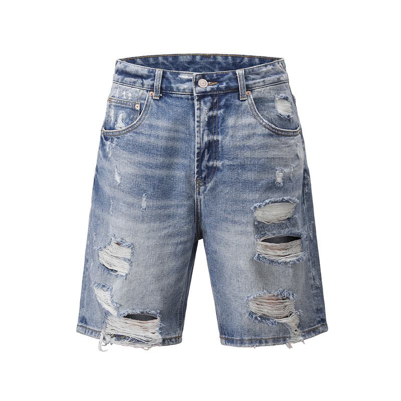 Men's Clothing High Street Destruction Cat Whisker Grinding Hole Denim Shorts Jeans