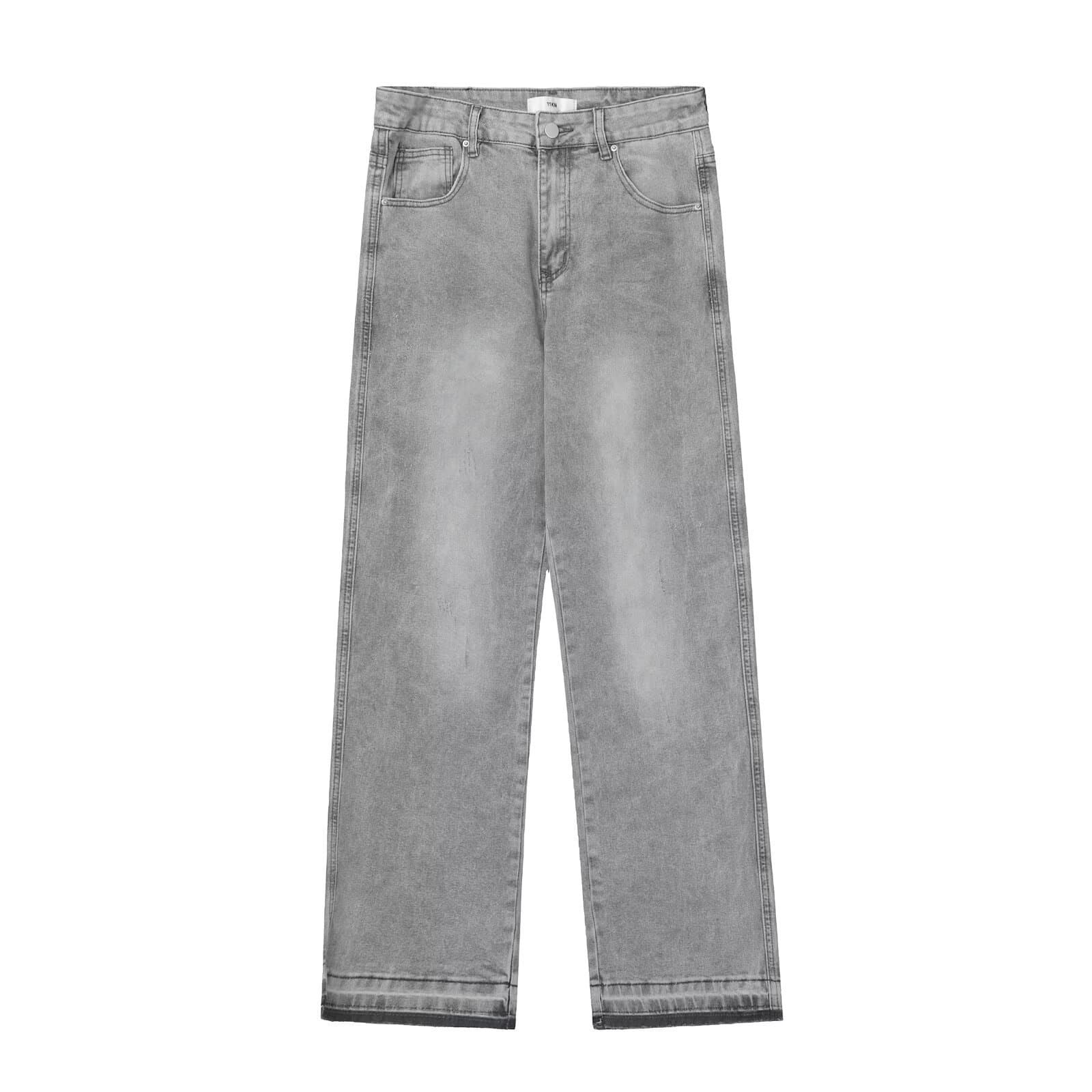 Men Women Distressed Light Grey Washed Jeans American Style Solid Color Basic Straight Trousers with Raw Hem