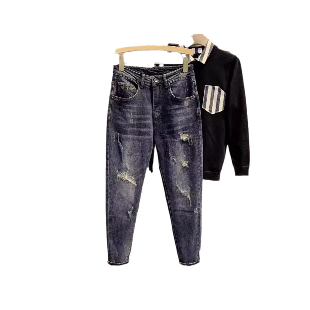 Men's Clothing Autumn Washed Blue Jeans Ripped Patches Slim Fit Slim Fitting Versatile Trousers