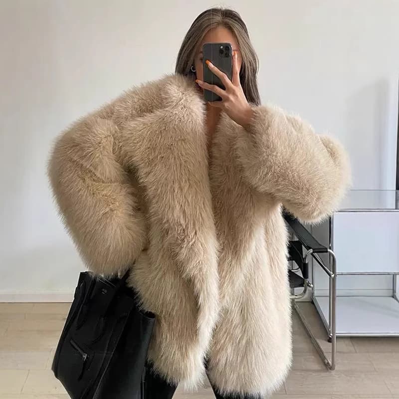 Medium Length Za Women's Fur Imitation Fox Fur Large Lapel Thick Coat Loose Plush 1300g