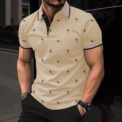Men's Clothing Men's Lapel Polo Flamingo Short Sleeved Shirt Fashionable Personality Printed Street Short Sleeved Top