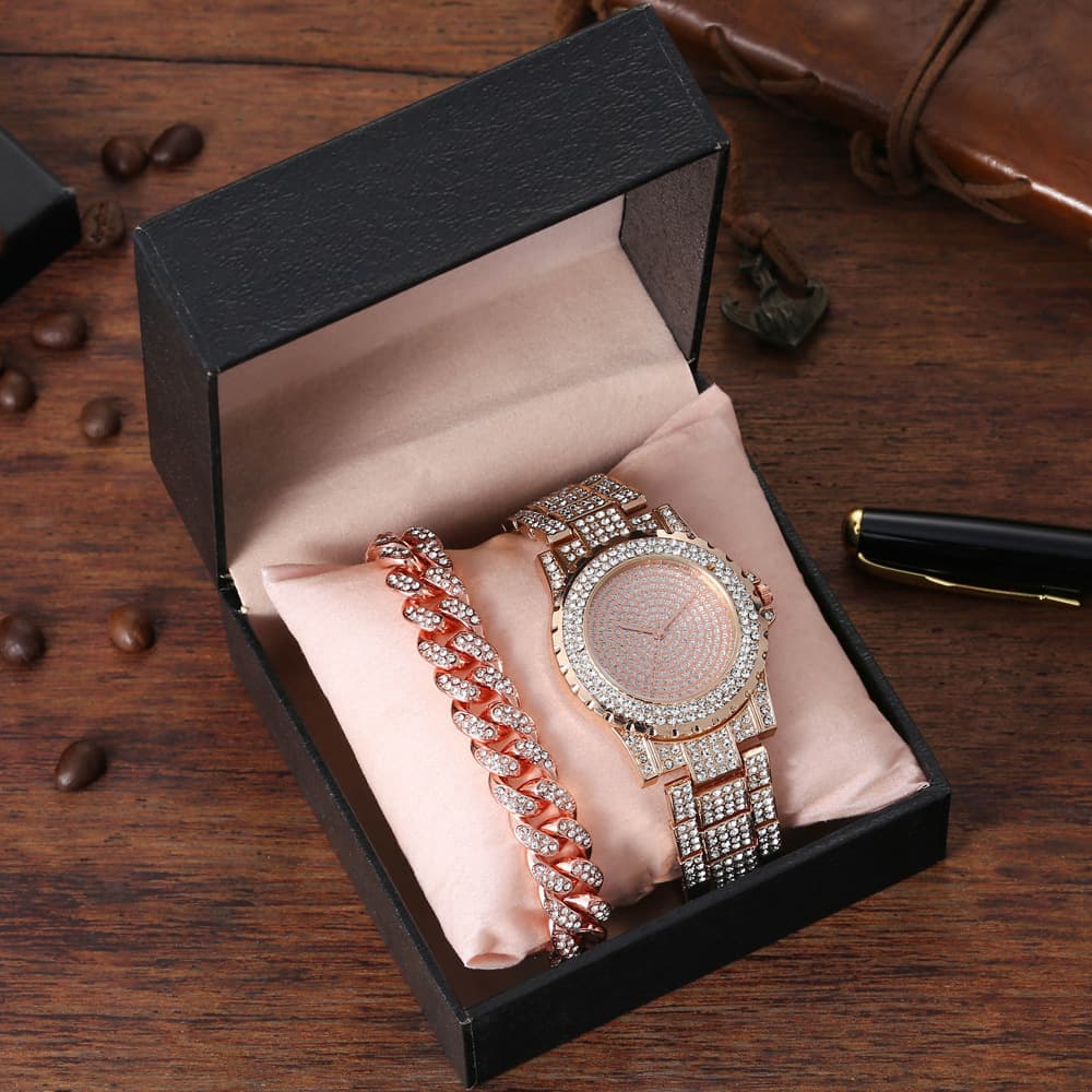Full diamond business trend elegant all-match large Dial Steel Belt quartz watch + full diamond bracelet (2pcs/set)