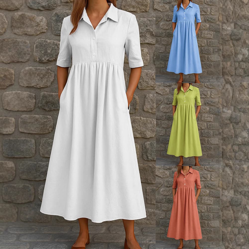 Women's Clothing Casual Short Sleeve Pocket Long Cardigan Multicolor Shirt Dress