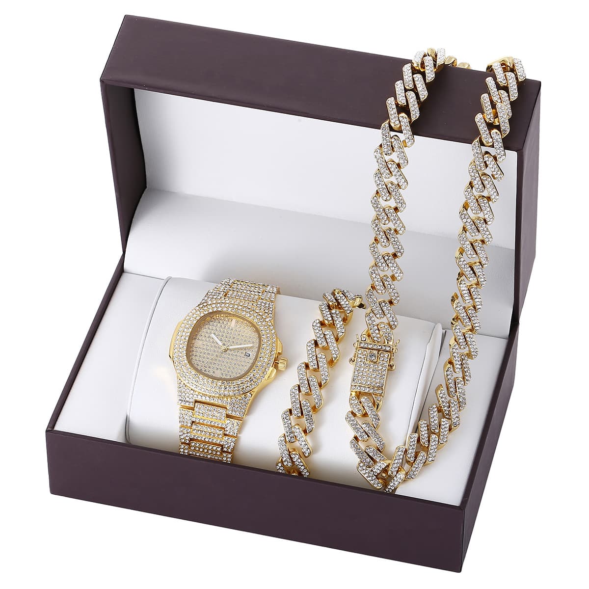 Full Diamond Set Men's Quartz Watch Necklace Bracelet Calendar Watch Party Jewelry Set Unisex Glittering Diamond Accessory