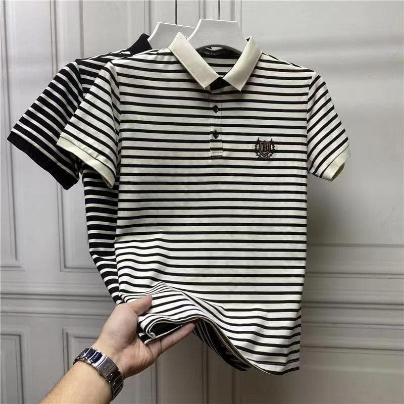 Summer Men's Clothing Shirt For Men Fashion Brand Striped Embroidery Short Sleeve Lapel Top Large Size Trendy T-Shirt