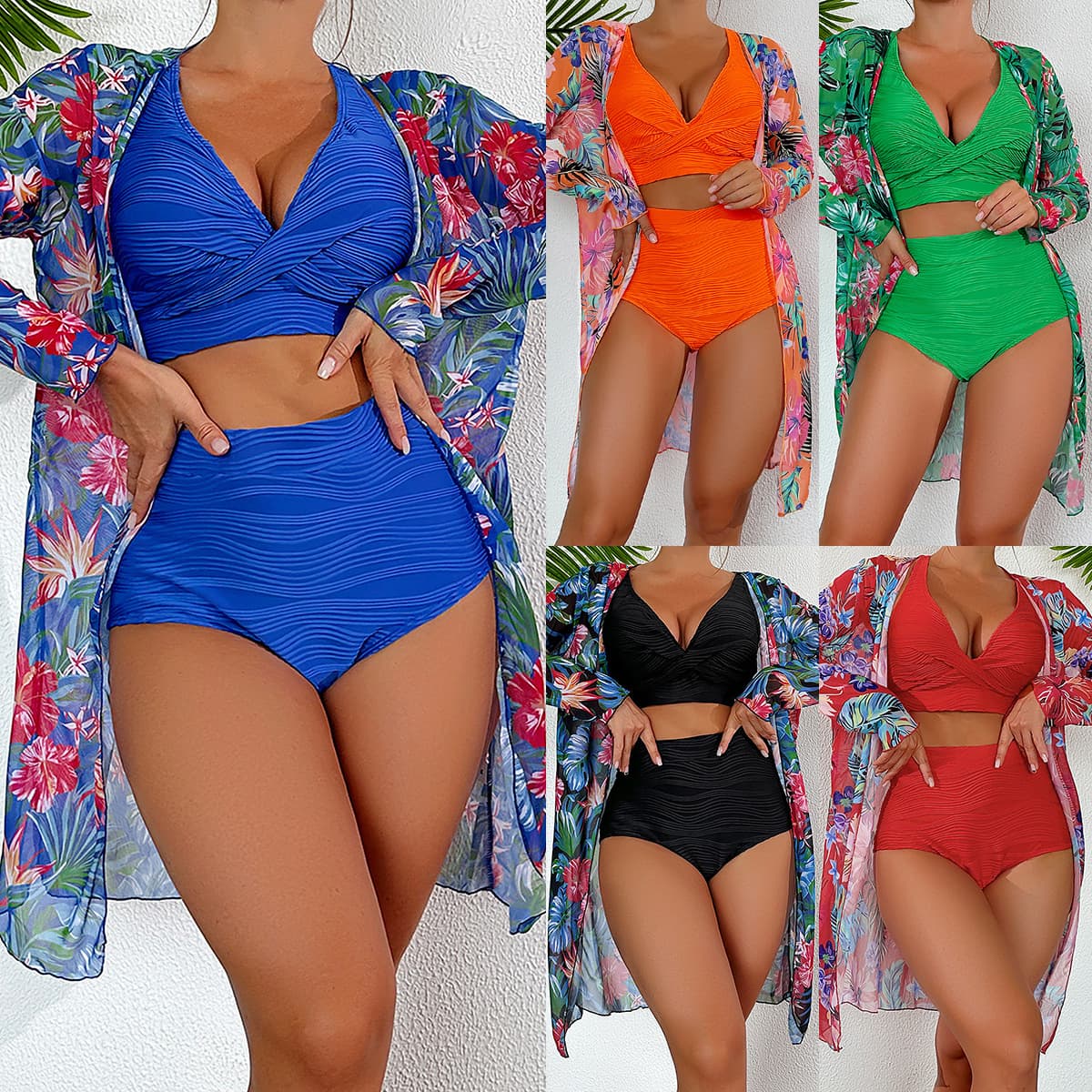 women's split three-piece suit long-sleeved internet celebrity bikini high waist solid color swimsuit